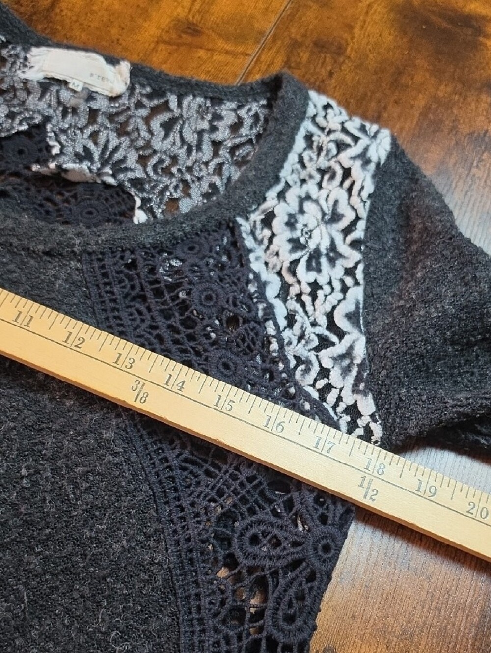 A'REVE | Boho Charcoal Lace Crochet Mixed Media Slub Swing Sweater Top | M - Picture 5 of 12